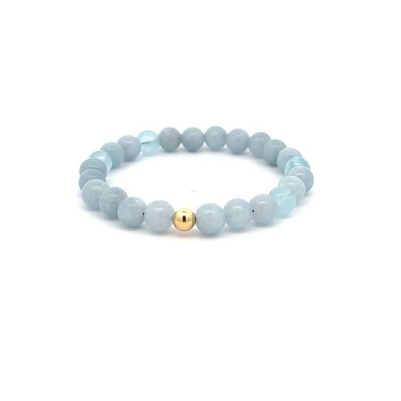 Natural Aquamarine 6mm Stretchable Bracelet 18k Gold Bead Charm - Picture 1 of 5